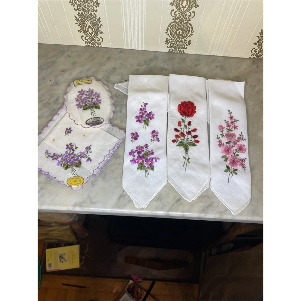 Two Sets European WWII Era Sweetheart Napkins | Embroidered Flowers Floral Linen